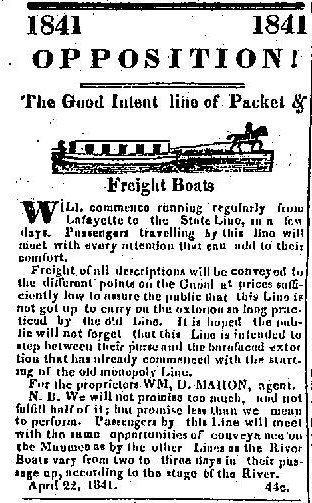 A newspaper advertisement headed 1841 at both corners and OPPOSITION! in wide capitals. Beneath it, The Good Intent line of Packet and Freight Boats, with a small woodcut of a long cabin boat towed by a horse with a rider. Two paragraphs of small type follow, signed for the proprietors by Wm. D. Mahon, agent, and dated April 22, 1841.