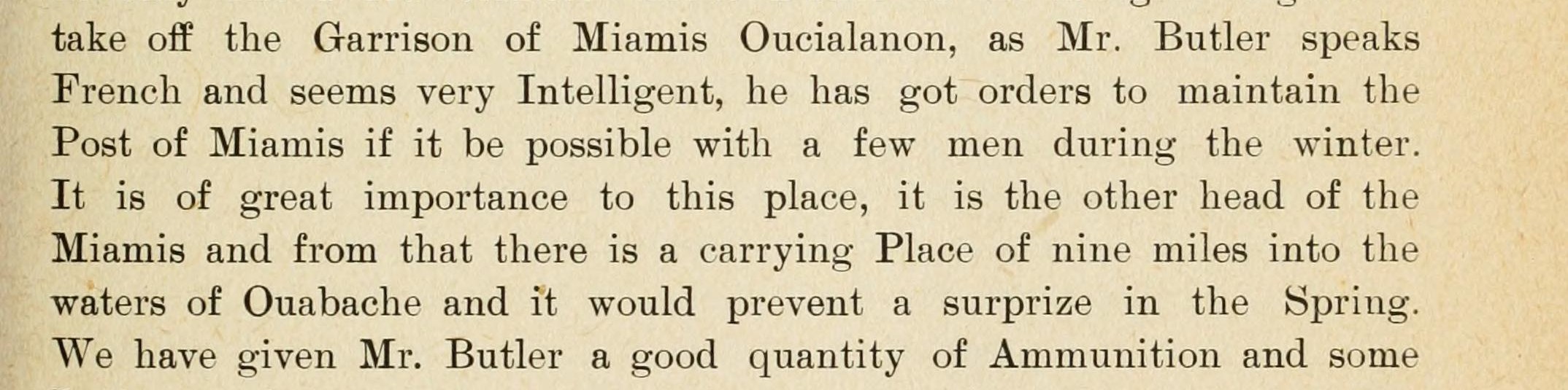 A printed page carrying Campbell's sentence that the post at the Miamis is of great importance, being the other head of the river with a carrying place of nine miles into the waters of the Ouabache.