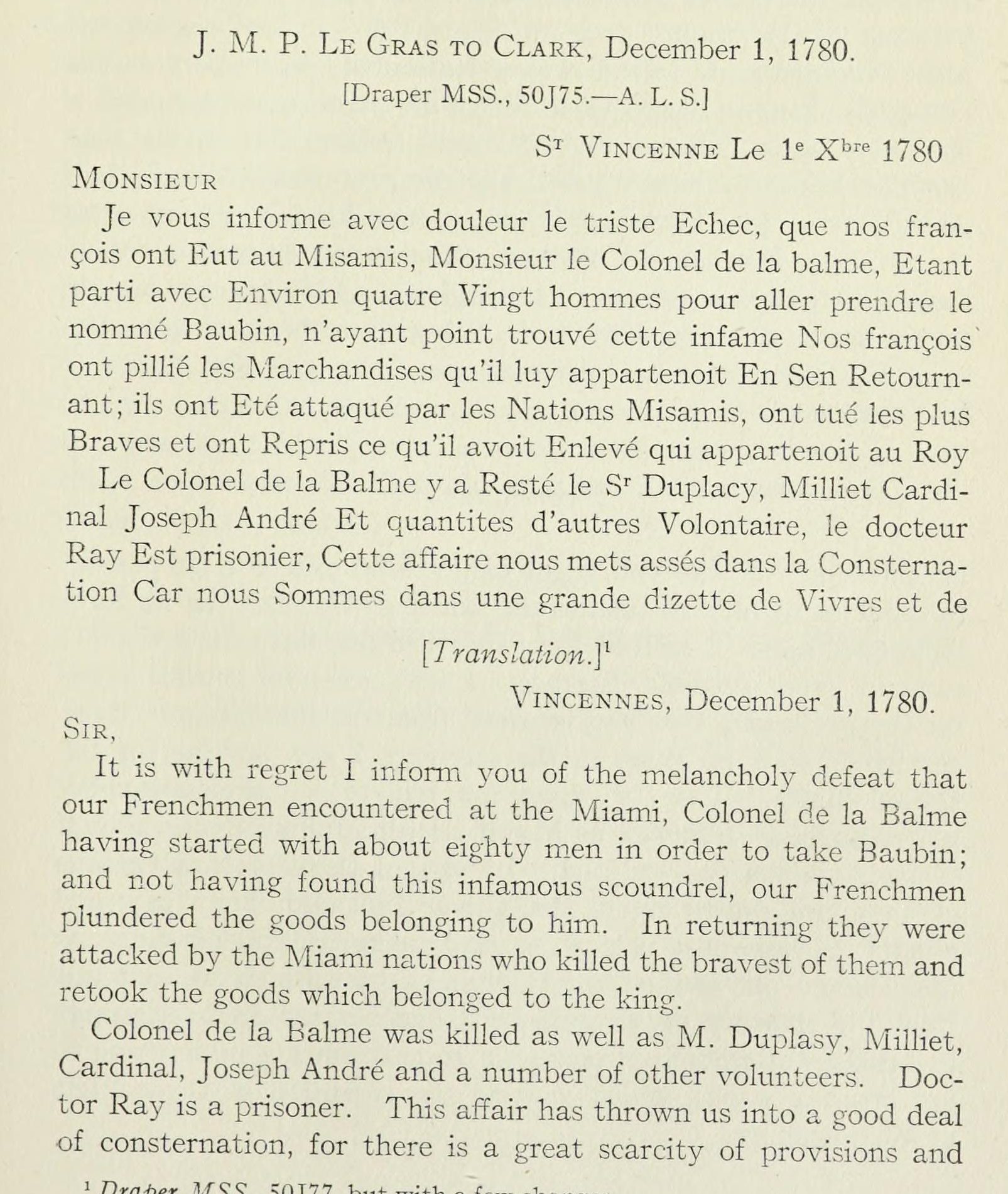 A printed page carrying a letter in French above its English translation. The heading reads J. M. P. Le Gras to Clark, December 1, 1780.