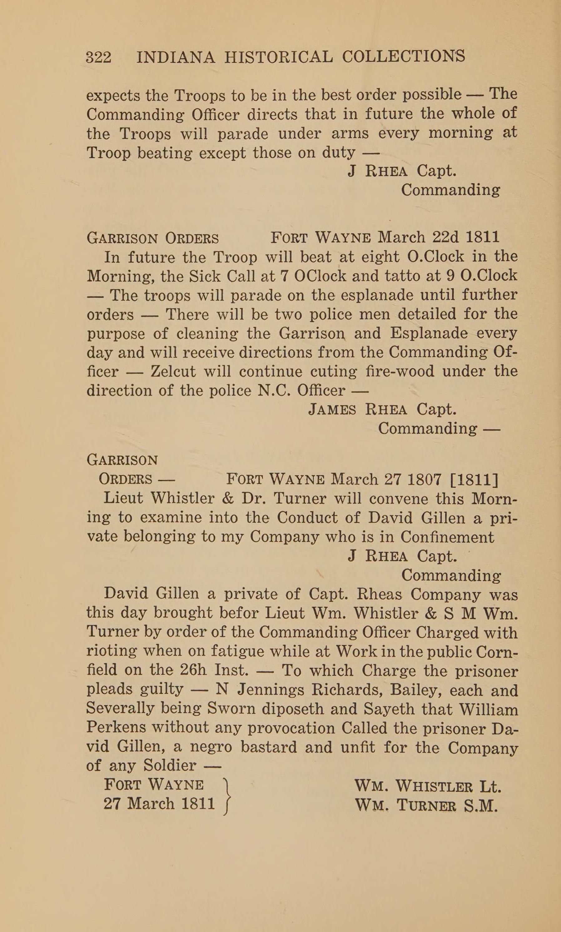 A printed page from a 1927 volume of historical collections, numbered 322 at the top left beside a running head in small capitals. A single column of set type on toned cream paper, broken twice by short centred headings, with a brace and two signatures set to the right at the foot of the page.