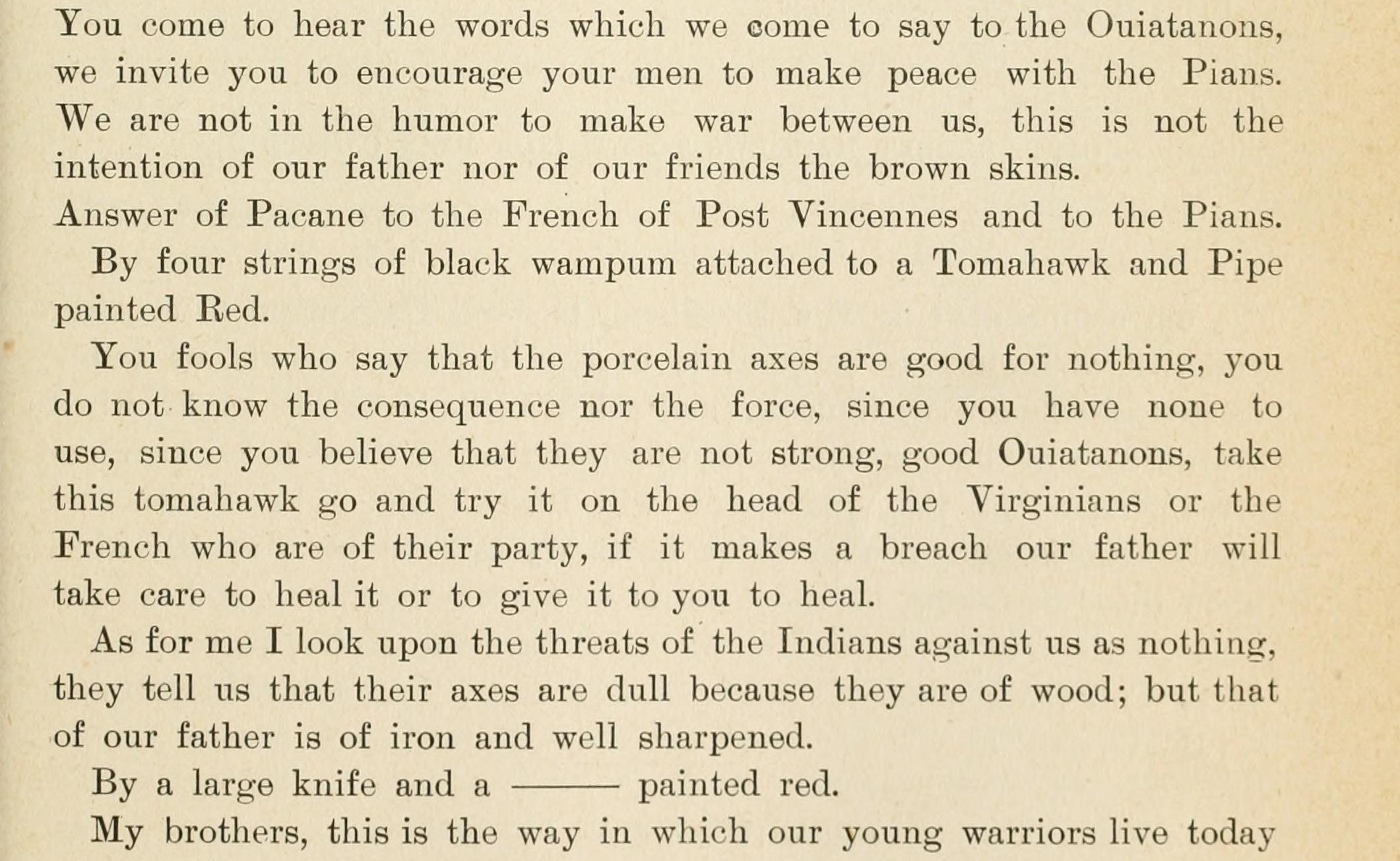 A printed page carrying the heading Answer of Pacane to the French of Post Vincennes and to the Pians, the first presentation of black wampum on a tomahawk and pipe painted red, and lower down a line with a blank rule where an object should be named.