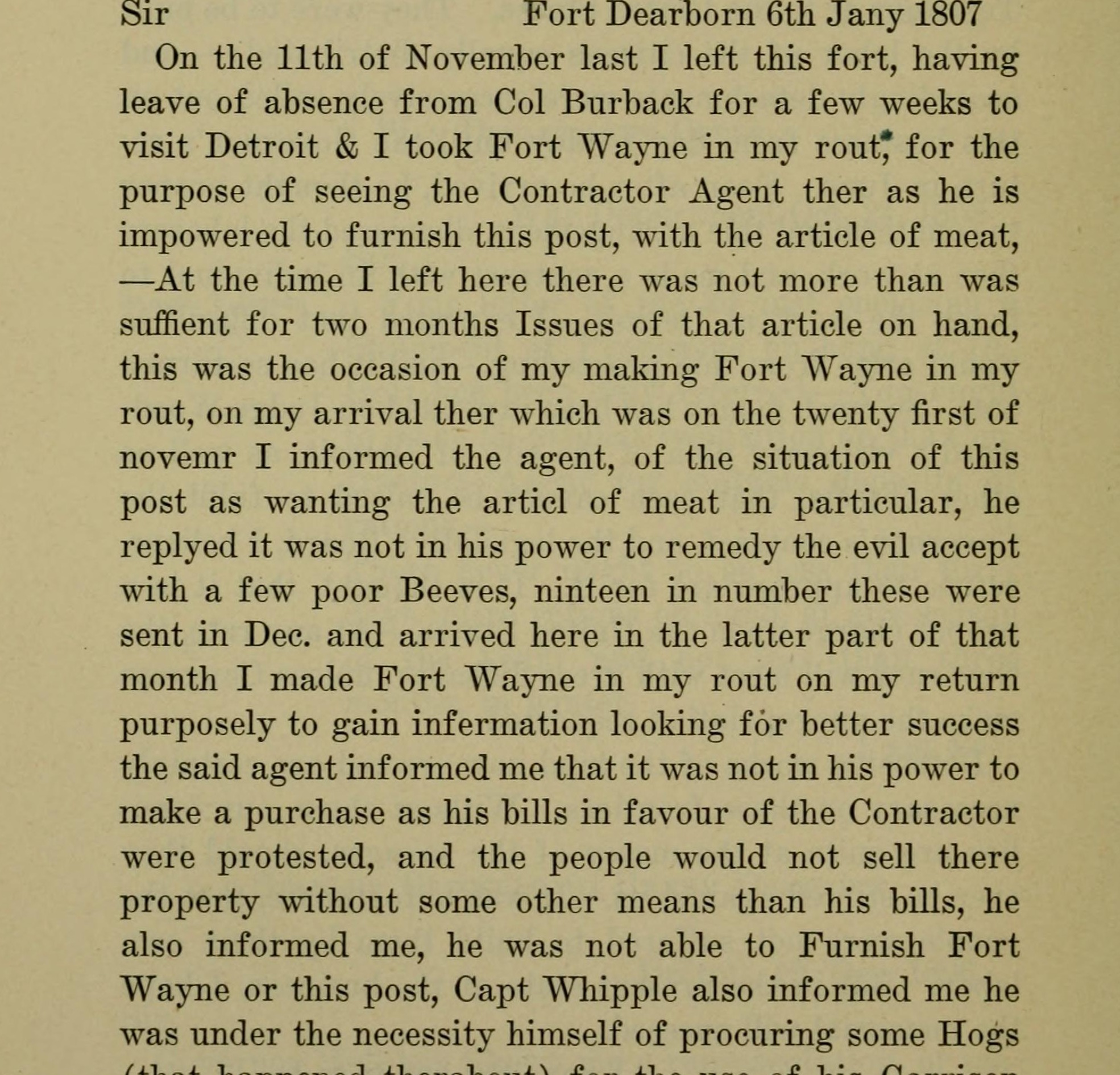 A printed page carrying Captain Whistler's letter from Fort Dearborn of 6 January 1807, including the sentence about taking Fort Wayne in his route to see the contractor's agent, the agent's answer of a few poor beeves nineteen in number, and the later sentence saying the agent could furnish neither Fort Wayne nor Fort Dearborn.