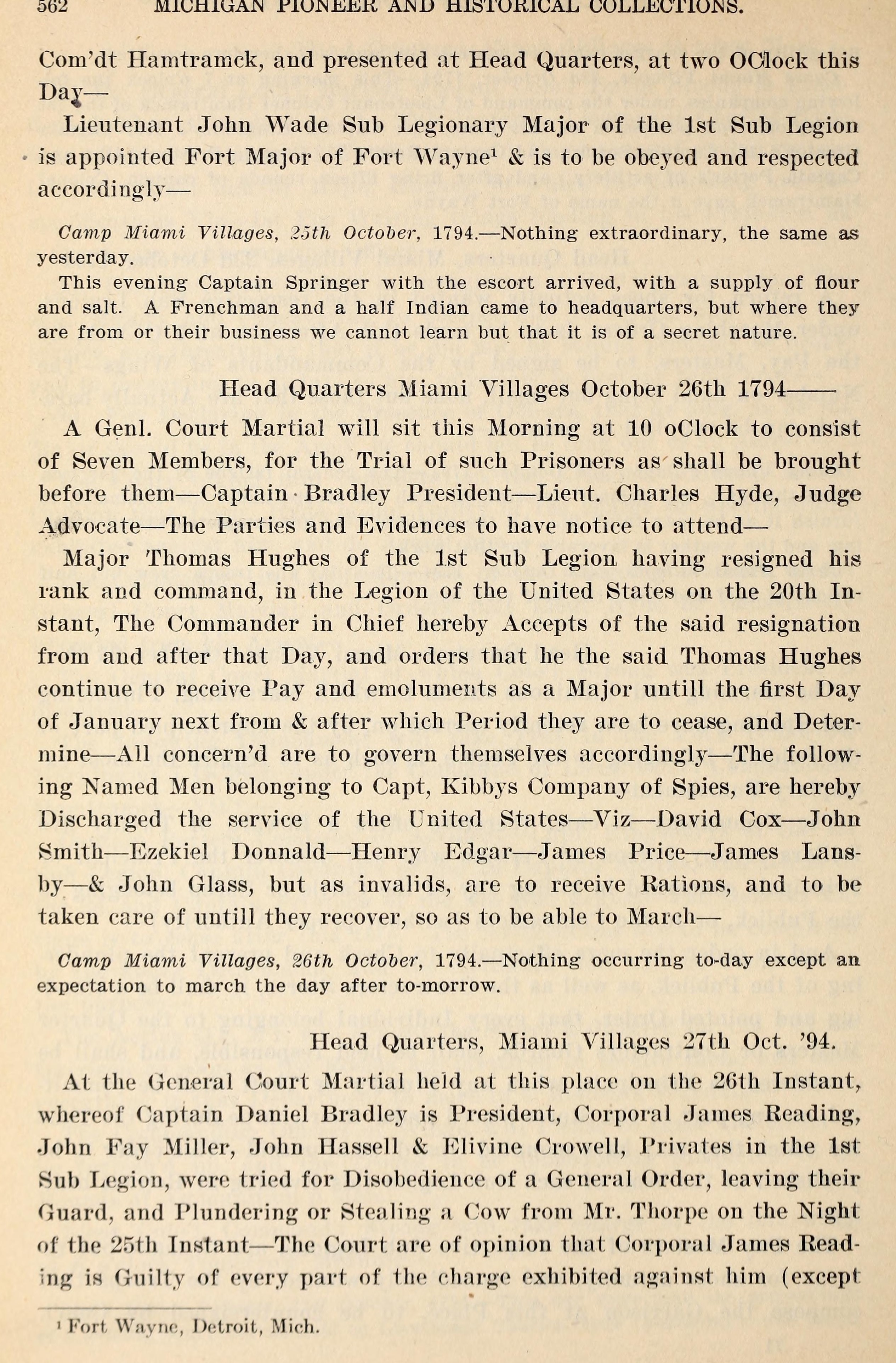 A printed page from Wayne's orderly book carrying the order appointing Lieutenant John Wade Fort Major of Fort Wayne, with a small numeral beside the words Fort Wayne, and at the foot of the page the footnote it points to, reading Fort Wayne, Detroit, Mich.