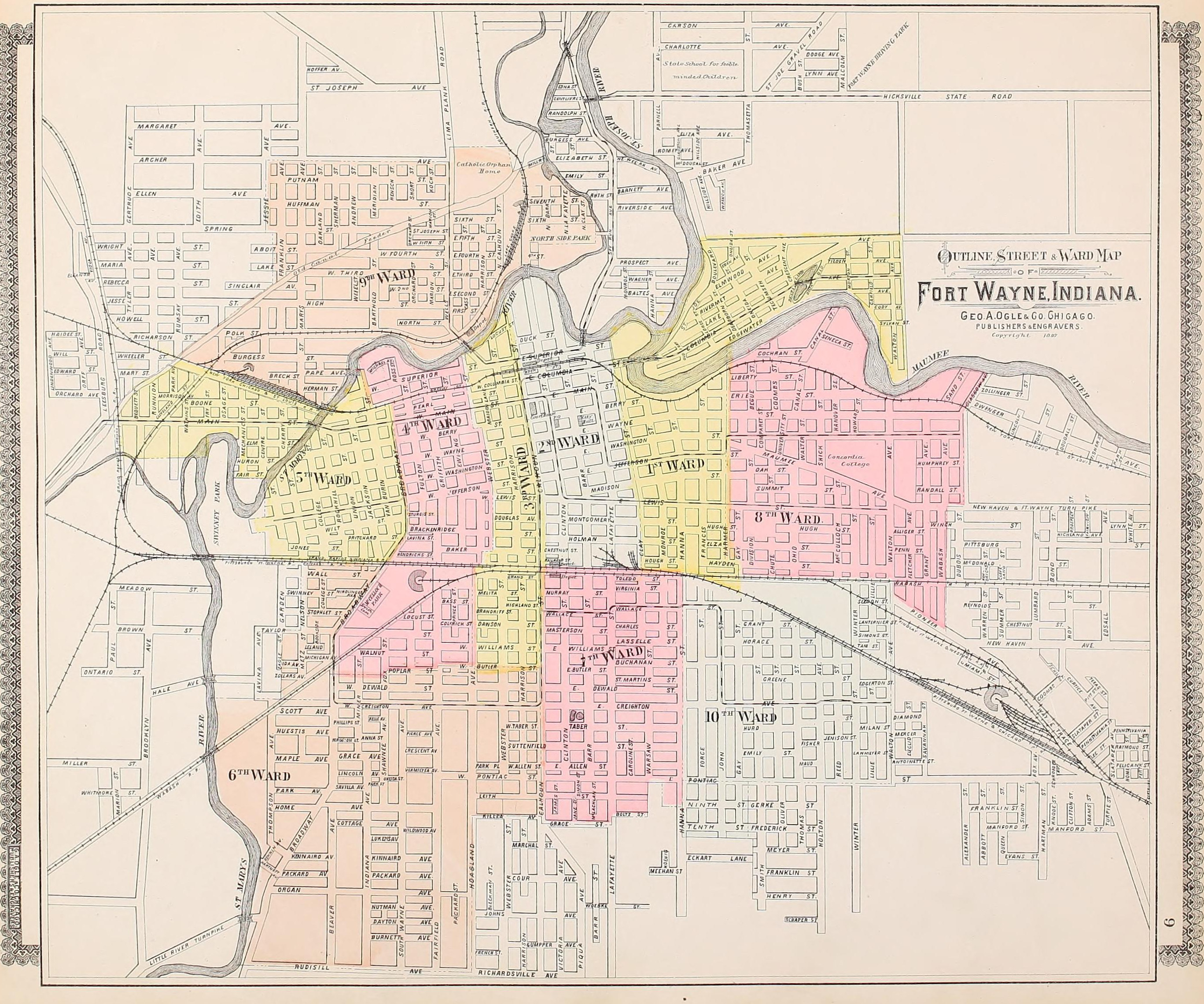 Outline street and ward map of Fort Wayne, 1898