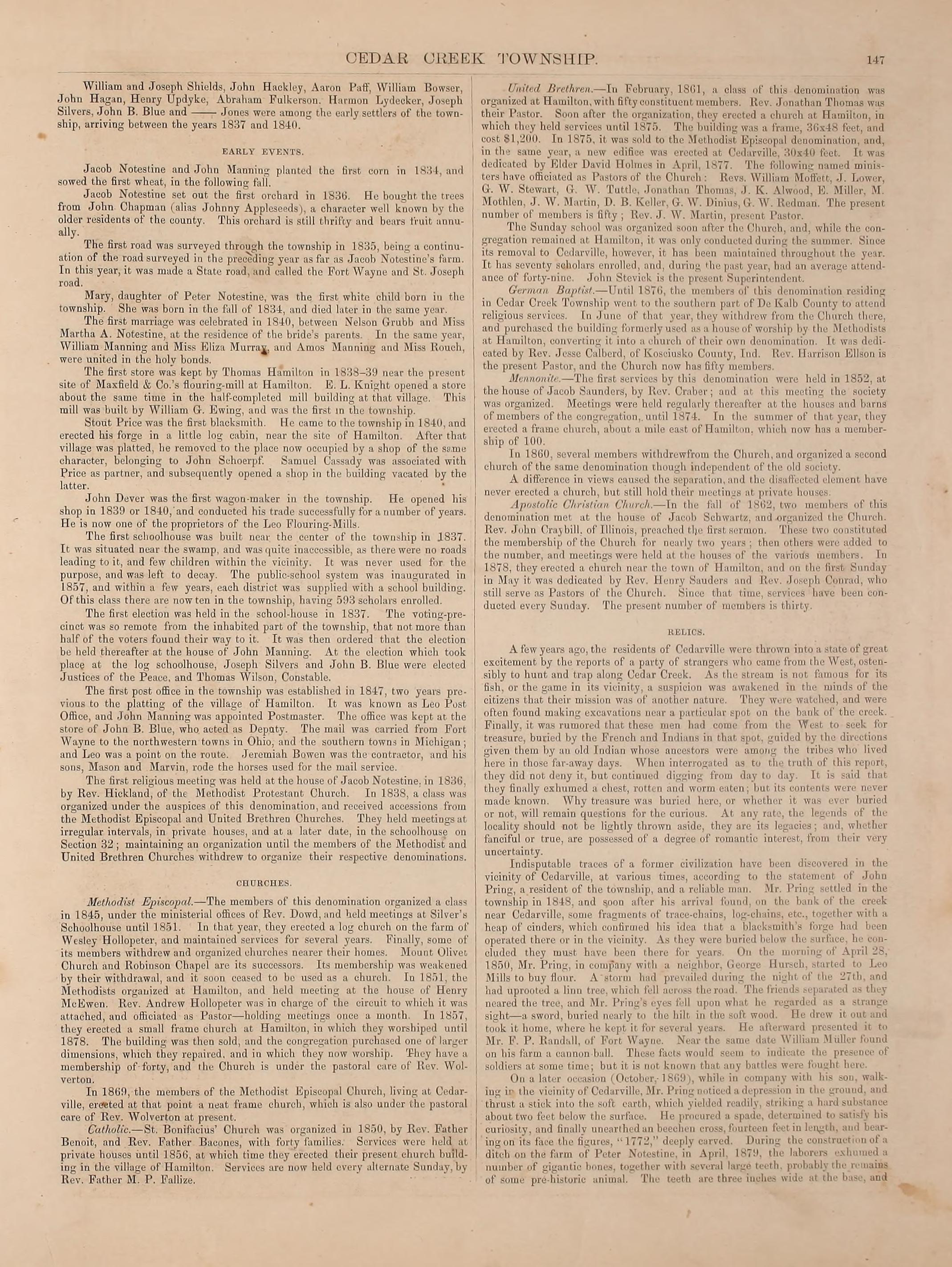 A full printed page from an 1880 county history, numbered 147, set in two columns of small type under a running head. Paragraphs are divided by small centred headings in capitals. The page carries the account of Cedar Creek Township's first schoolhouse, its first election and its first post office.